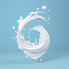 3d render, milk spiral splashing, liquid wave, white splash, paint, loops, curvy jet, isolated on blue background, Generative AI