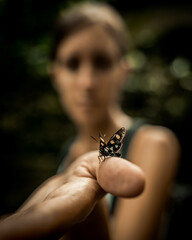A butterfly over a woman's thumb