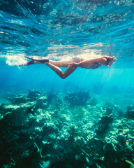 Fototapeta na wymiar A woman snorkeling over coral in blue waters