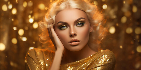 Blonde hübsche Frau Gesicht in gold Nahaufnahme, ai generativ