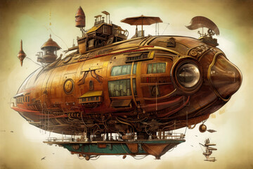 A painting of an old floating ship, in the style of steampunk-inspired designs. Generative AI.