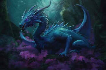 Fototapeta na wymiar Blue dragon sitting in a forest, in the style of realistic and hyper-detailed renderings. Generative AI.