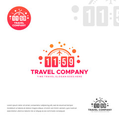 Travel company logo using watch, time, clock, plane, bubbles circle.