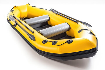 Yellow summer inflatable boat on a white background. Generative ai. - obrazy, fototapety, plakaty