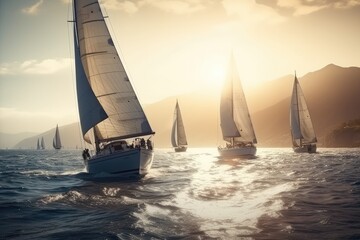 Many sailing yachts in the rays of sunset. Generative ai.