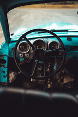 Old wheel car in a blue old cuban car