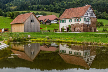 Fototapeta na wymiar Old houses in Black Forest Open Air Museum in Gutach village in Baden-Wuerttemberg, Germany