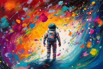 Painting of an astronaut in space splashing colors, in the style of dreamlike introspection. Generative AI.