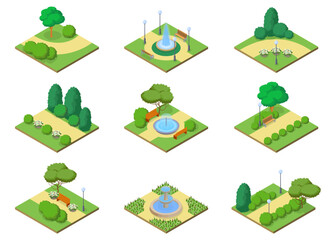 Park path. Isolated isometric summer park paths, green grass and trees, fountains, flowers, benches icon collection. Vector illustration of park nature and walking paths
