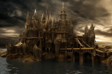 Naklejka premium A fantasy castle over a dark lake, in the style of intricate cityscapes. Generative AI.