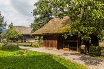 Fototapeta na wymiar Farmhouses in Black Forest Open Air Museum in Gutach village in Baden-Wuerttemberg, Germany