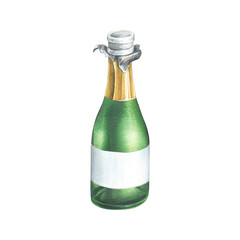 An open green bottle with champagne, a golden wrapper and an empty white label. Watercolor illustration, hand drawn. Isolated object on a white background.