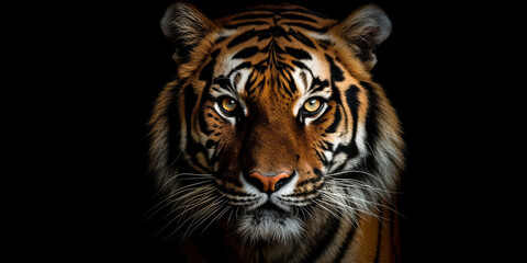 Wilder Löwe im Fotostudio Nahaufnahme Gesicht im Porträt, schwarzer Hintergrund mit Freiraum für Text, ai generativ