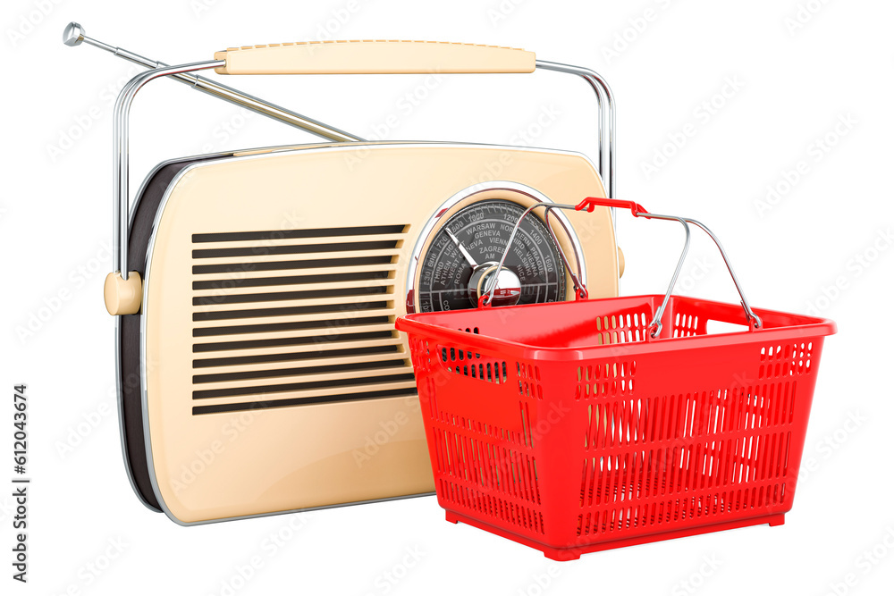 Poster digital receiver radio with shopping basket, 3d rendering