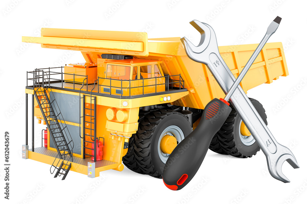 Poster dump truck with screwdriver and wrench. 3d rendering