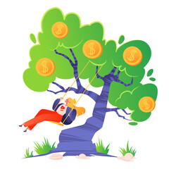 Concept of finance, money, successful investment, enrichment, smart money investing. Metaphor, happy girl swinging on swing attached to money tree, with large gold coins with dollar symbols
