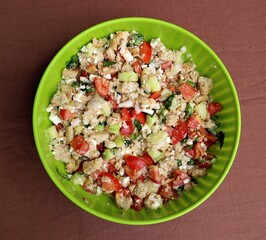 Homemade Panzanella in a green bowl. It is summer chopped salad of soaked stale bread, onions, basil and tomatoes. it is a traditional  dish in Tuscany and Umbria.
