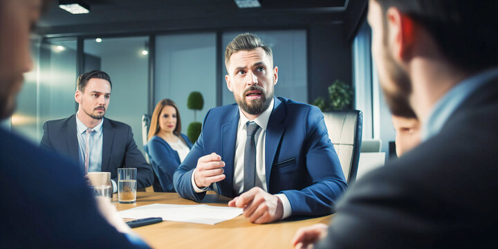 Illustration of business conference in boardroom interior background. Handsome bearded businessman listening to colleagues and looks serious and attentive. AI generative image.