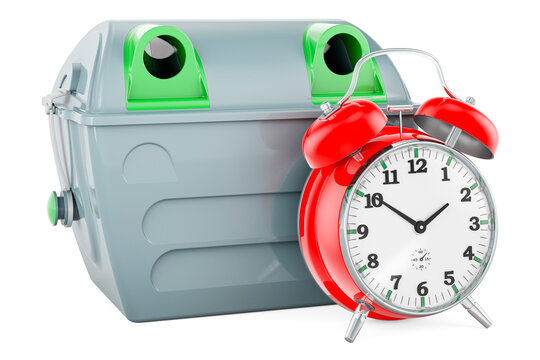 Gray garbage container with alarm clock, 3D rendering