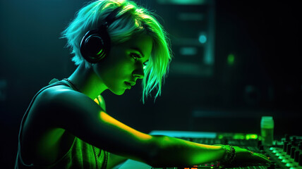 Dj girl in action, Sexy Young Blonde Woman Disc Jockey night club, neon lights. in bra and sunglasses playing music. Headphones and dj mixer on table. Colorful dance party nightlife background. 