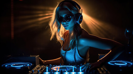 Dj girl in action, Sexy Young Blonde Woman Disc Jockey night club, neon lights. in bra and sunglasses playing music. Headphones and dj mixer on table. Colorful dance party nightlife background. 