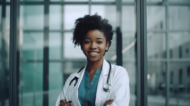 Female Doctor Portrait with Stethoscope in a Hospital. Whitecoat modern clinic worker, Confident woman, Medical student. Medicine health care concept. generative ai