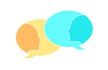 Two talking bubbles with faces. Dialogue between two people. Flat vector minimalistic illustration.