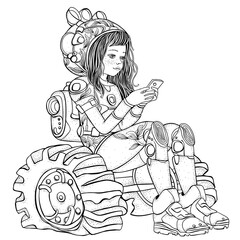 Black And White Coloring Book Page For Adult. Girl astronaut on the moon. The girl is sitting and looking at the phone.