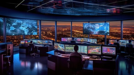 Network Operations Center: Managing a Vast Network Infrastructure in a Captivating Visual Scene - obrazy, fototapety, plakaty