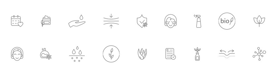 Organic cosmetic line icon set. Bio product sticker. Natural cosmetic. Skin superfood. Certified organic. GMO free. Product free allergen label. Dermatological control. Vegan. Vector illustration