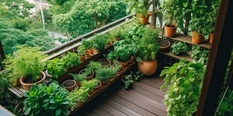 An overhead shot of a small urban balcony garden filled with pots of herbs and vegetables, concept of Vertical gardening, created with Generative AI technology