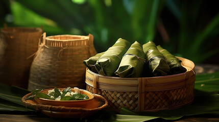 Dragon Boat Festival Chinese rice dumpling jujube zongzi. Generative AI