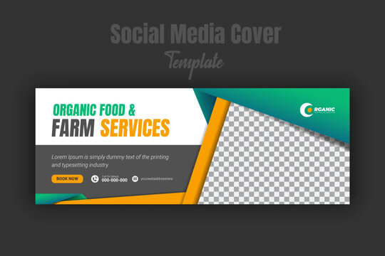 Organic food and agriculture service for social media cover or post design template, modern lawn mower garden, or landscaping service with green gradient background and and abstract yellow color shape