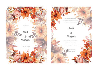 Floral wedding invitation template set with elegant brown leaves. Watercolor chrysanthemum wedding invitation card.