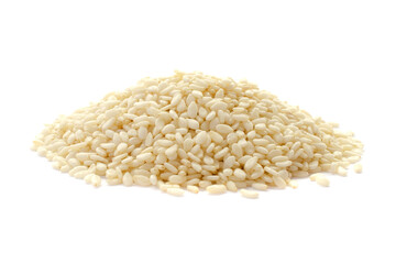 Pile of white sesame seeds isolated on white background, close-up. Heap of sesame seeds on a white background. Heap of peeled sesame seeds isolated on white background, close-up.