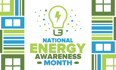 National Energy Awareness Month in October. Optimization and management of energy consumption. The introduction of advanced technology, encourage the use of renewable energy. Energy security. Vector