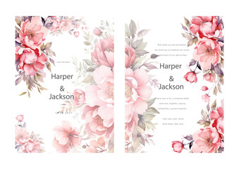 Pinkish floral wedding card set. Beautiful roses design template.