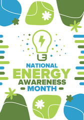 National Energy Awareness Month in October. Optimization and management of energy consumption. The introduction of advanced technology, encourage the use of renewable energy. Energy security. Vector