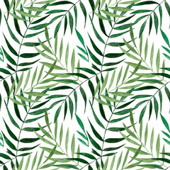 Fototapeta na wymiar Watercolor summer pattern, bright palm leaves on white background. For various summer products, wrapping paper etc.