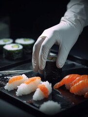 Sushi Zubereitung mit Händen und Gummihandschuhe, ai generativ