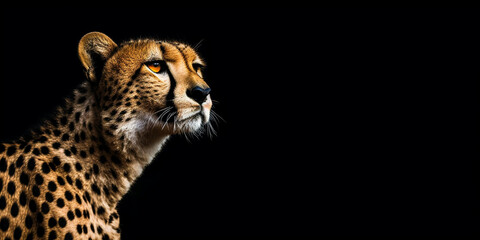 Wilder Leopard bzw. Gepard mit Punkten im Fell Studio Gesicht Nahaufnahme mit schwarzem Hintergrund, ai generativ