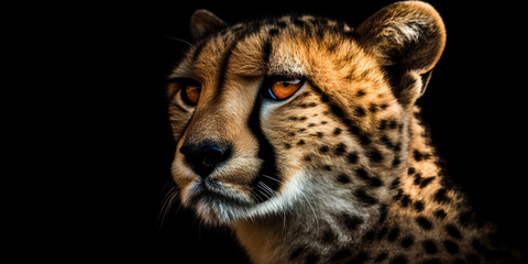 Wilder Leopard bzw. Gepard mit Punkten im Fell Studio Gesicht Nahaufnahme mit schwarzem Hintergrund, ai generativ