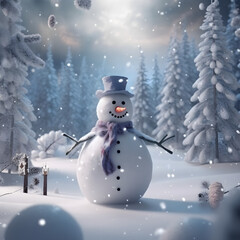 Abstract of snowman standing on snow in the fir forest in winter. Generative AI. Illustration.