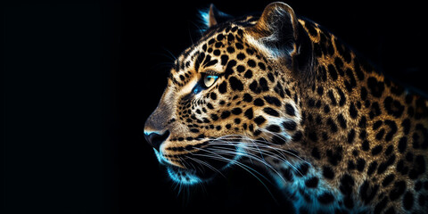 Obraz premium Wilder Leopard bzw. Gepard mit Punkten im Fell Studio Gesicht Nahaufnahme mit schwarzem Hintergrund, ai generativ