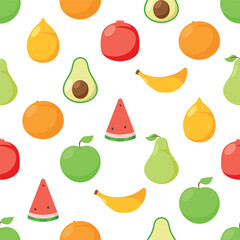 Vibrant Seamless Pattern Adorned With A Delightful Assortment Of Luscious Fruits. Apple, Lemon, Pomegranate, Watermelon