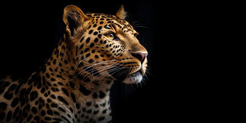 Fototapeta na wymiar Wilder Leopard bzw. Gepard mit Punkten im Fell Studio Gesicht Nahaufnahme mit schwarzem Hintergrund, ai generativ