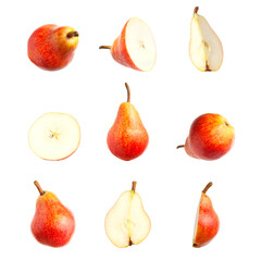 Red ripe juicy pear isolated on white background. With clipping path. Mockup. Cut out Sweet whole pears and sliced. Summer organic fruits, food. Pear collection. Fruit set for your design