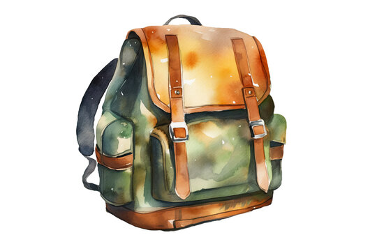 Watercolor of school bag or bagpack isolated on clear png background, school stationery elements, back to school concept, with Generative Ai.