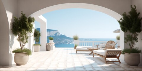 Obraz na płótnie Canvas White terrace with a view of the ocean, generative ai