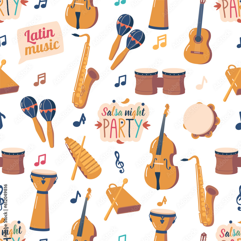Aufkleber vibrant seamless pattern showcasing various latino music instruments in a lively and rhythmic design